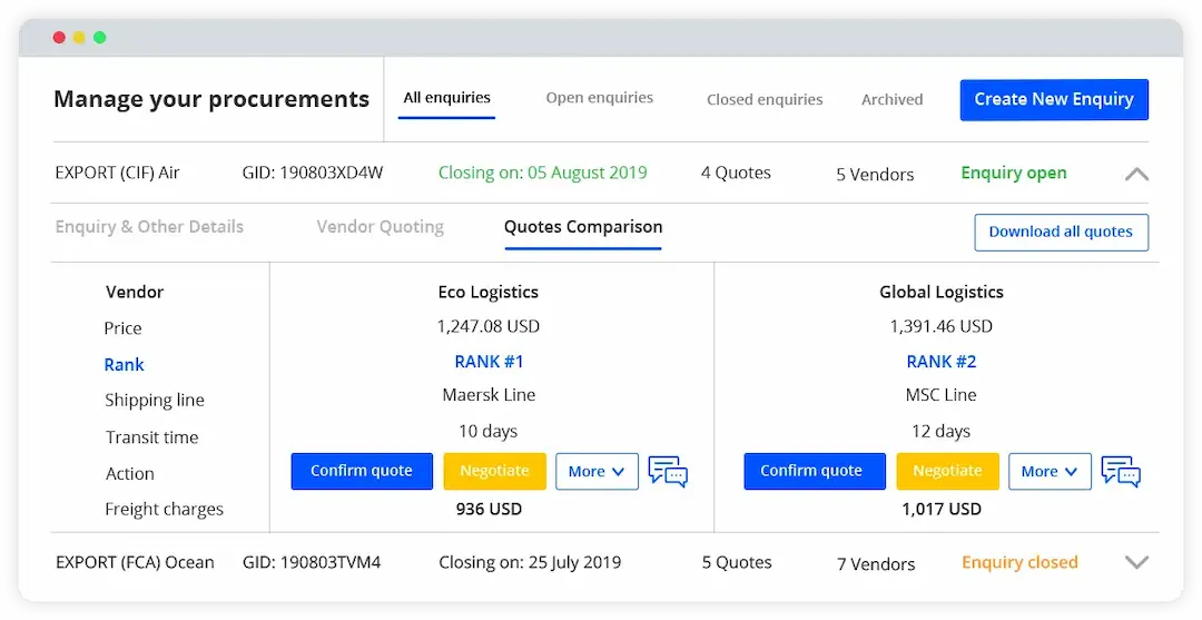 Freight Quotation Management product dashboard of GoComet
